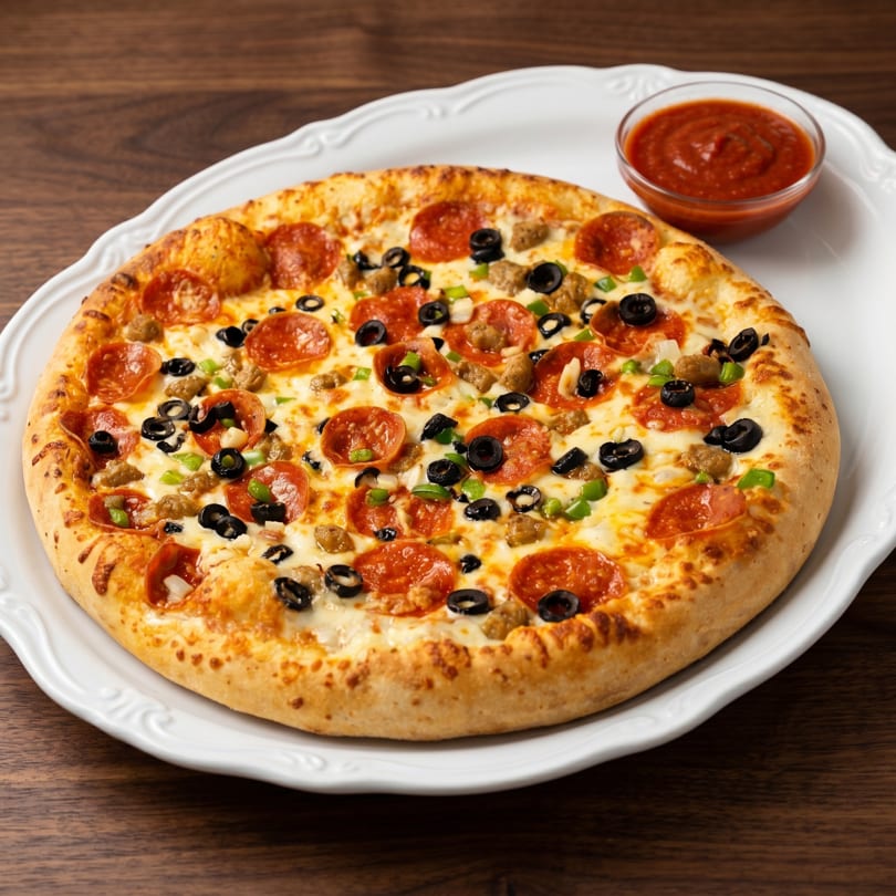 A whole pizza with pepperoni, sausage, black olives, and green peppers on a white plate with a side of marinara sauce.
